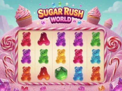 Sugar Rush Slot von Pragmatic Play mit Gummib&auml;rchen, Lutschern und Cupcake-H&uuml;geln im Candy-Land