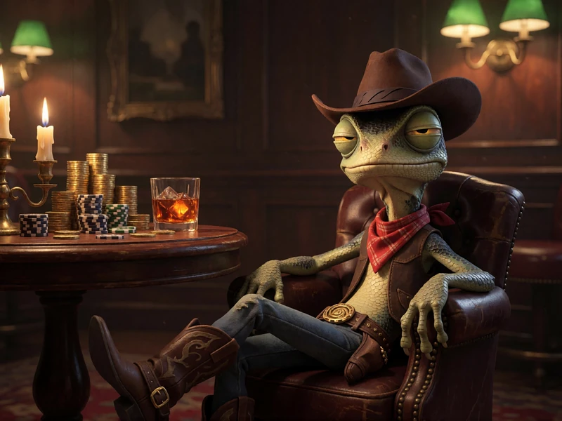 Lizaro Echsen-Cowboy als VIP im exklusiven Saloon mit Goldm&uuml;nzen und Casino-Chips am Tisch