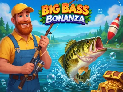 Big Bass Bonanza Megaways Slot mit Angler, springendem Barsch und Schatzkiste am blauen See