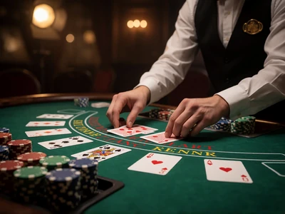 Live Blackjack Tisch im Lizaro Live Casino: Dealer-Hand teilt Karten auf gr&uuml;nem Filz aus