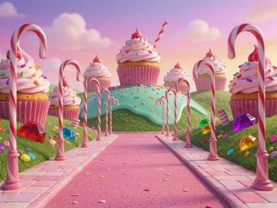 Sugar Rush Slot von Pragmatic Play mit Cupcake-H&uuml;geln und Zuckerstangen in einer bunten Candy-Welt