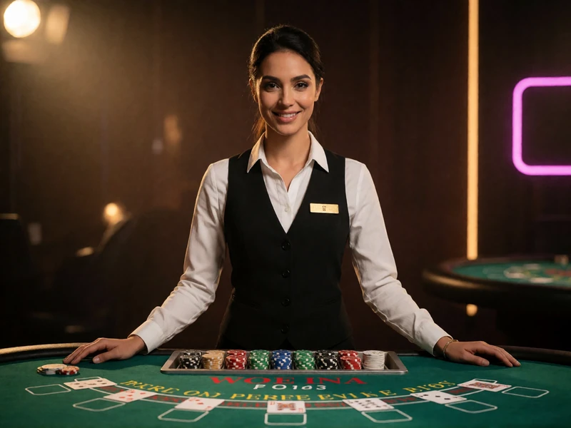 Live-Dealerin am Blackjack-Tisch im Lizaro Live Casino Studio mit stimmungsvoller Beleuchtung