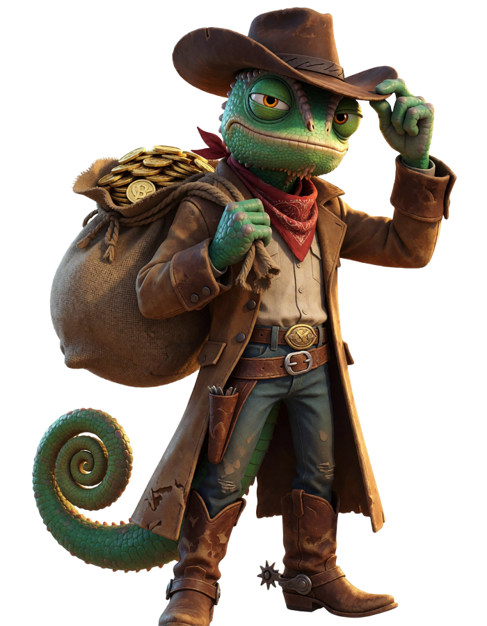 Lizaro Echsen-Cowboy Maskottchen mit Sack voller Goldm&uuml;nzen begr&uuml;&szlig;t neue Spieler zum Willkommensbonus