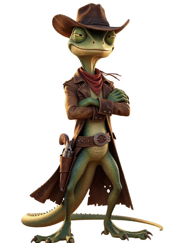Lizaro Maskottchen: selbstbewusster Echsen-Cowboy mit Ledermantel und Cowboyhut im Wild West Stil
