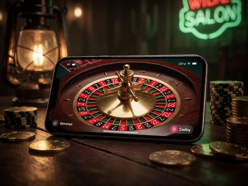 Live Casino mobil: Smartphone zeigt HD Live-Roulette-Stream auf einem Saloon-Tisch mit Chips und Goldm&uuml;nzen